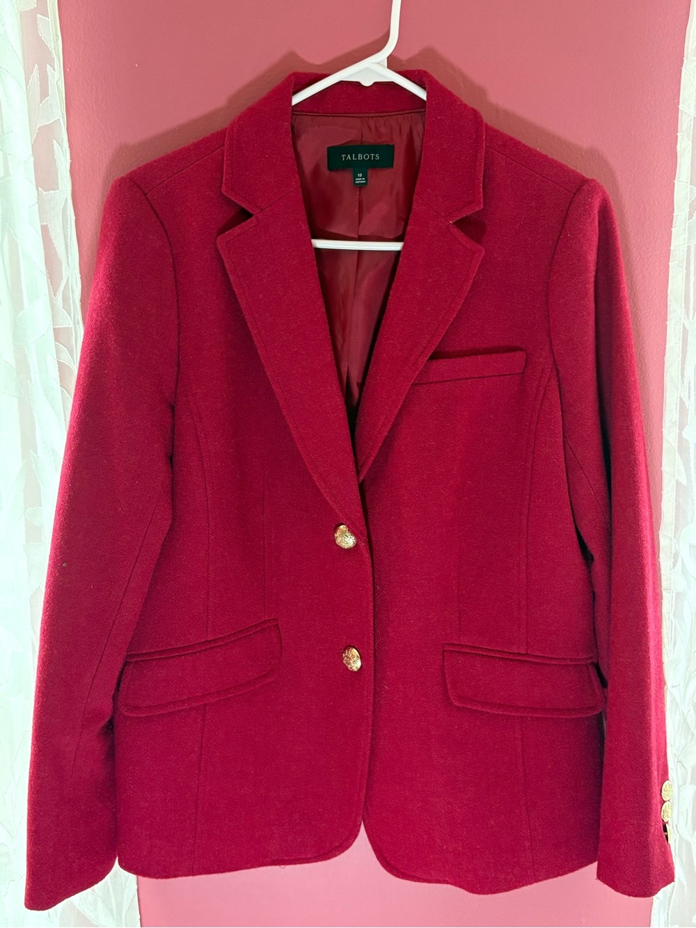 Talbots Deep Red Wool-Blend Tailored Blazer with Gold Buttons